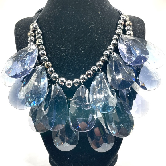 Joan Rivers Signed Vintage Black Blue Purple Acrylic Faceted Drop Necklace - Picture 1 of 11